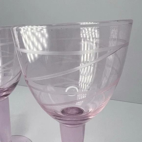 Vintage Pink MCM Wine Glasses Etched Swirl Pattern Thick Stem 7" Set of 2 - Picture 2 of 7